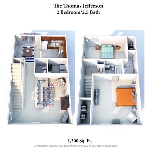Floor plan for 2 beds, 2.5 baths, 1300 sqft